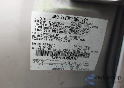 2008 Ford Taurus Sel z USA, uszkodzony, nr VIN 1FAHP24WX8G181495